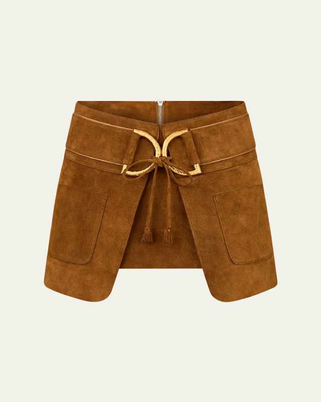 D-Ring Inverted Pleat Mini Suede Skirt